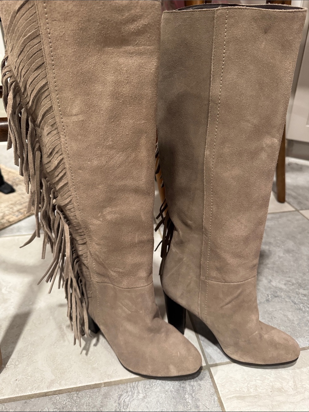 DVF Diane Von Furstenberg Taupe Suede Fringe Knee-High Boots - Women's 6.5